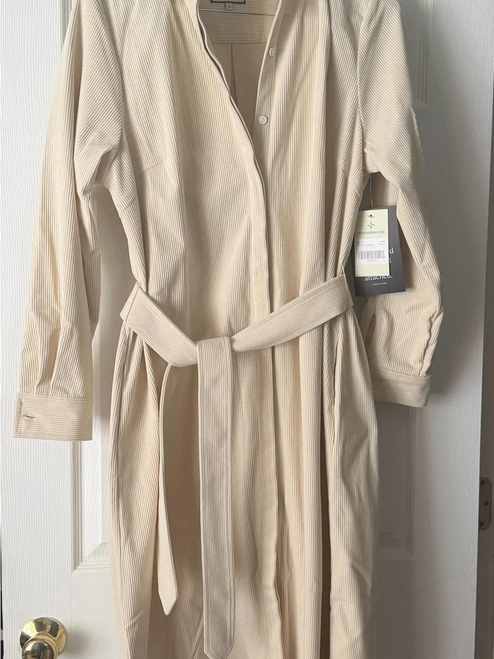 Tuckernuck Cream Corduroy Long-Sleeve Belted Midi Dress